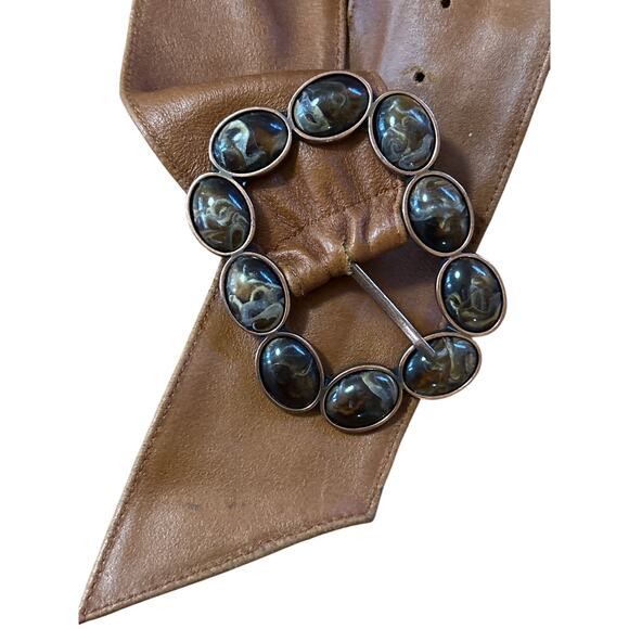 Vtg Carmel Color Leather Belt Embelished Marble Stone Buckle Wide S/M - Picture 2 of 6